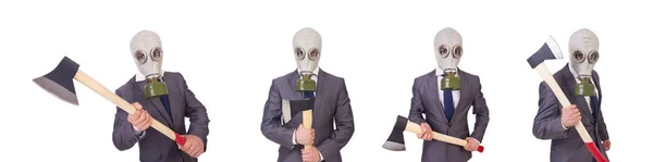 Empresario con máscara de gas aislado en blanco — Foto de Stock