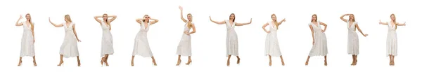 Vrouw in jurk in mode jurk geïsoleerd op wit — Stockfoto