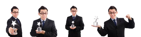 Funny guy receiving award on white — Stock Photo, Image