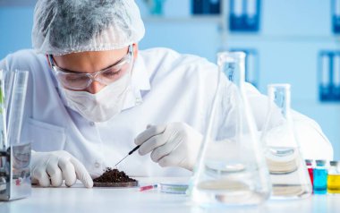 Erkek bilim adamı bir laboratuarda deney yapıyor.