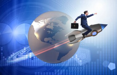 Küresel iş kavramı içinde roket üzerinde işadamı