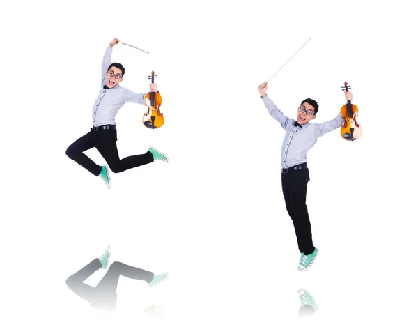 Uomo divertente con violino su bianco — Foto Stock