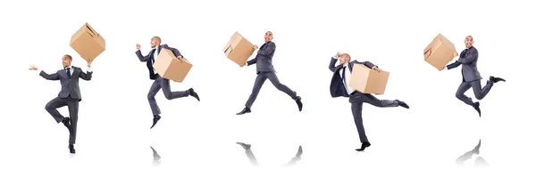 Businessman with box isolated on the white — Stock Photo, Image