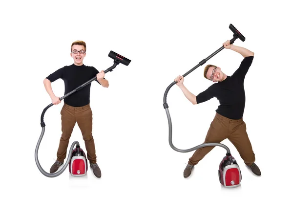 Funny man with vacuum cleaner on white — Stock Photo, Image