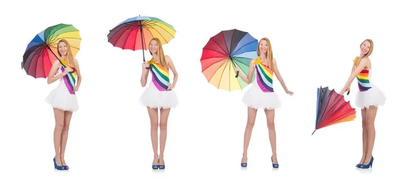 Mulher com guarda-chuva isolado no branco — Fotografia de Stock