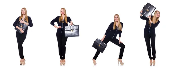 Tall young woman in black clothing with handbag isolated on whit — Stockfoto