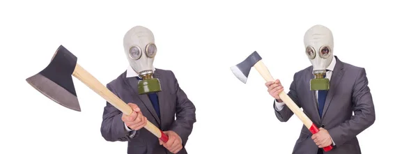 Businessman wearing gas mask isolated on white — Stock Photo, Image