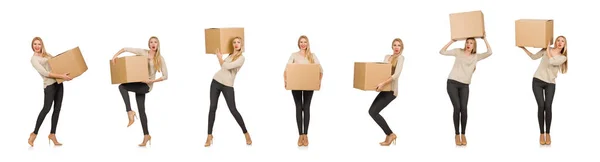 Frau mit Kisten zieht in neues Haus isoliert auf Weiß — Stockfoto
