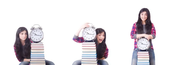 Young female student missing her deadlines on white — Stock Photo, Image