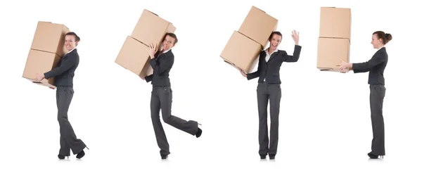 Woman businesswoman with boxes on white — Stock Photo, Image