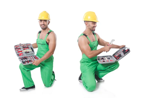 Homme avec boîte à outils isolé sur le blanc — Photo