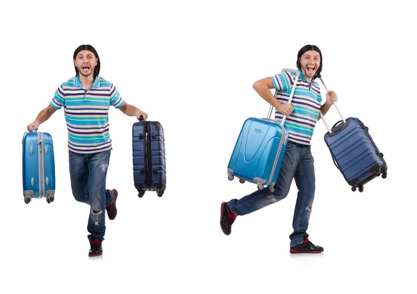 Young man travelling with suitcases isolated on white — Stock Photo, Image