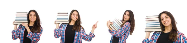 Joven estudiante con libros de texto aislados en blanco — Foto de Stock