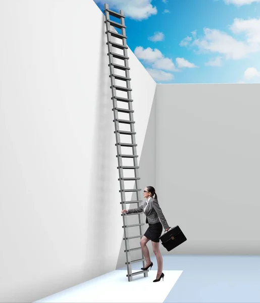 Businesswoman climbing a ladder to escape from problems — Stock Photo, Image