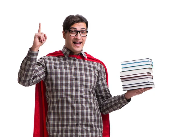 Super hrdina student s knihami izolované na bílém — Stock fotografie