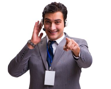 Beyaz izole kulaklık ile yakışıklı adam