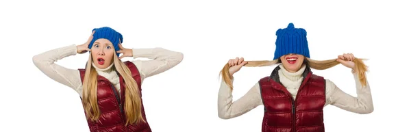 Chica de pelo rubio en chaleco bordo aislado en blanco —  Fotos de Stock