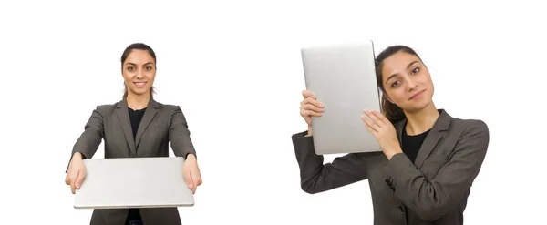 Jeune étudiant avec ordinateur portable sur blanc — Photo