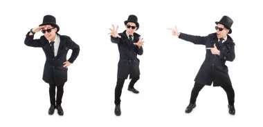 Siyah ceketli genç dedektif, beyazın üzerinde izole edilmiş.