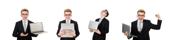 Νεαρός επιχειρηματίας με φορητό υπολογιστή απομονωμένο σε λευκό — Φωτογραφία Αρχείου