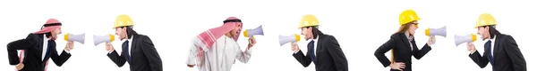 Man with helmet and loudspeaker on white — Stock Photo, Image