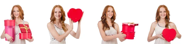 Jeune femme avec boîte cadeau isolé sur blanc — Photo