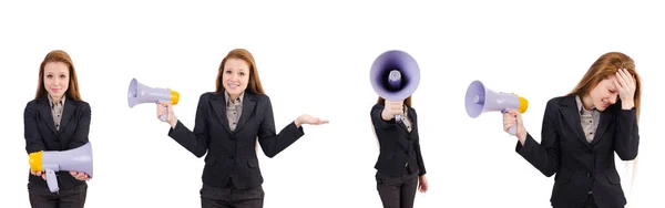 Vrouw met luidspreker geïsoleerd op het wit — Stockfoto