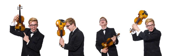 Young musician with violin isolated on white — Stock Photo, Image