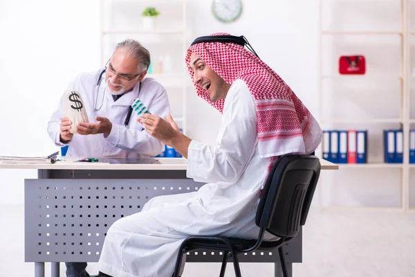 Hombre joven árabe visitando experimentado médico masculino —  Fotos de Stock