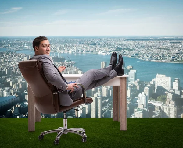 Homme d'affaires assis sur l'herbe avec vue sur la ville — Photo
