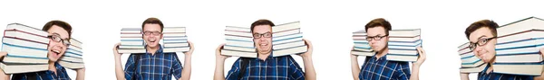 Rolig student med hög med böcker — Stockfoto