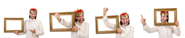 König mit Bilderrahmen auf Weiß — Stockfoto