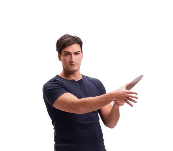 Jugendlicher Pöbler mit Messer isoliert auf weißem Grund — Stockfoto