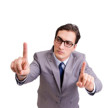 Komik işadamı beyaz izole sanal düğmelere basarak