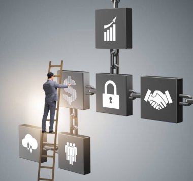 Engelleme zinciri kripto para birimi kavramında iş adamı