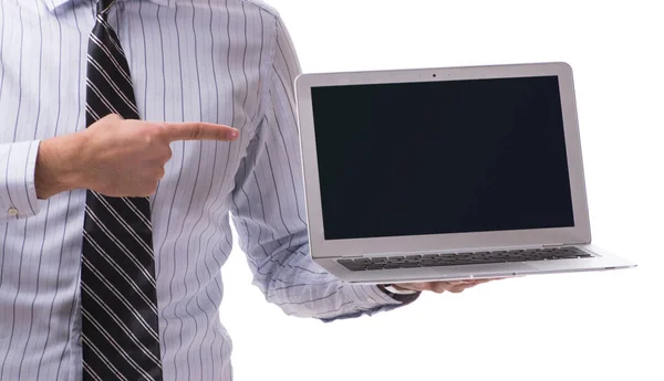 Joven hombre de negocios con portátil aislado sobre fondo blanco — Foto de Stock