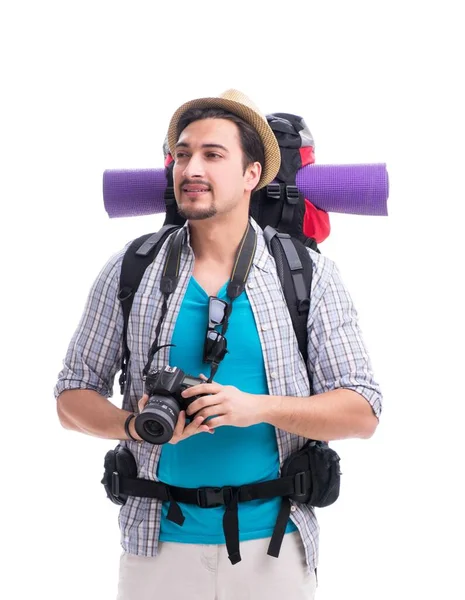 Backpacker con telecamera isolata su sfondo bianco — Foto Stock