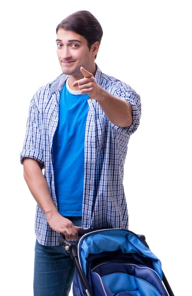 The young dad with baby pram isolated on white — Stock Photo, Image