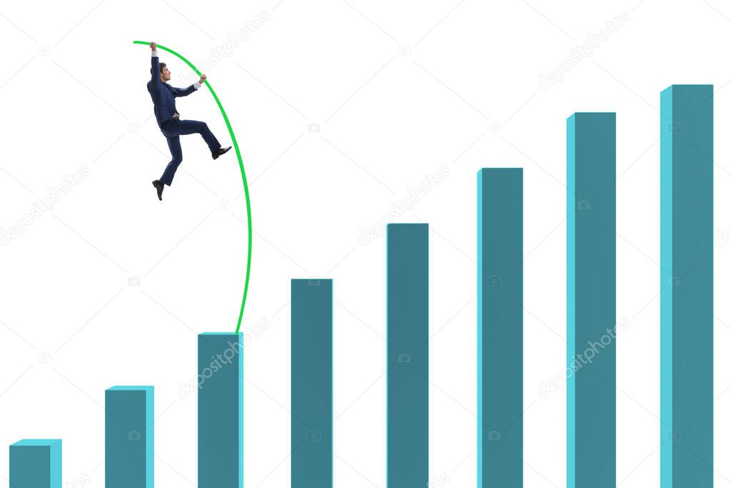 Businessman vault jumping over bar charts