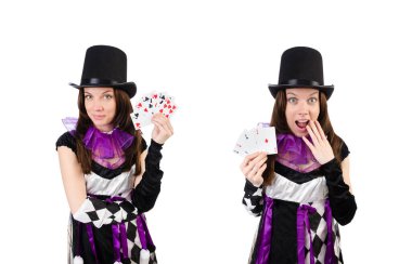 Soytarı kostüm üzerine beyaz izole kart ile güzel kız