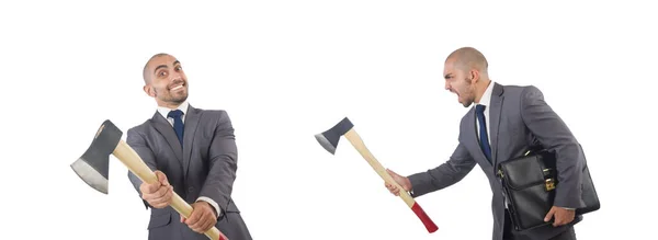 Funny businessman with axe on white — Stock Photo, Image