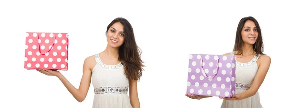 Mujer con bolsas aisladas en blanco — Foto de Stock