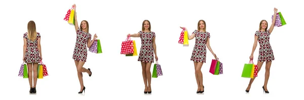 Jovem mulher depois de fazer compras isolado no branco — Fotografia de Stock