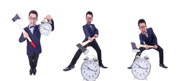 Hombre divertido con hacha y reloj en blanco —  Fotos de Stock