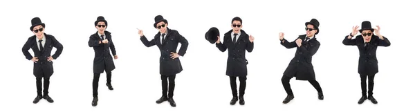Giovane detective in cappotto nero isolato su bianco — Foto Stock