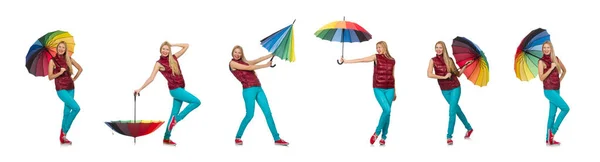 Young woman with colourful umbrella isolated on white — Stock Photo, Image