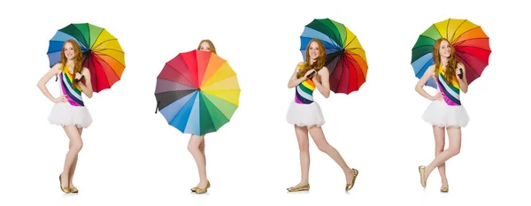 Giovane donna con ombrello su bianco — Foto Stock