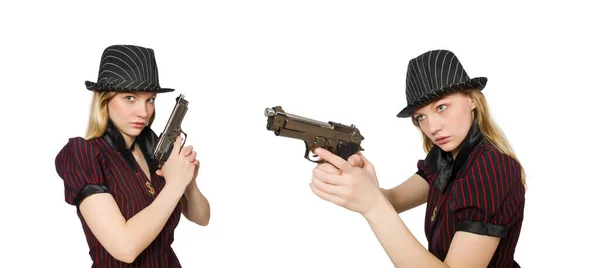 Junge Frau Gangster mit Waffe auf weiß — Stockfoto