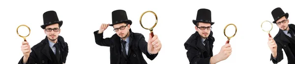 Young detective with magnifying glass isolated on white — Stock Photo, Image