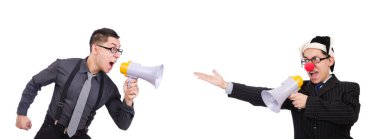 Beyaz hoparlörlü iş adamı palyaçosu